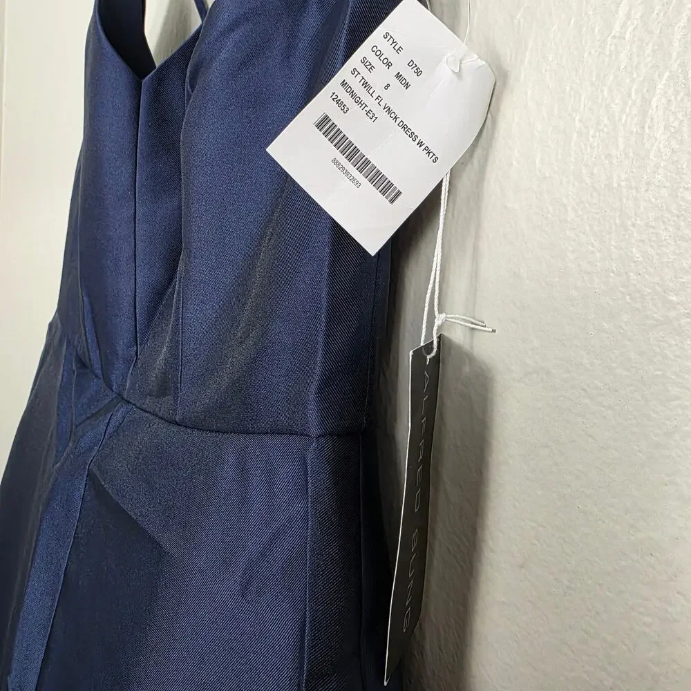 NWT Alfred Sung D750 V-Neck Full Skirt Satin Maxi Dress Midnight Blue 8 - Picture 3 of 10